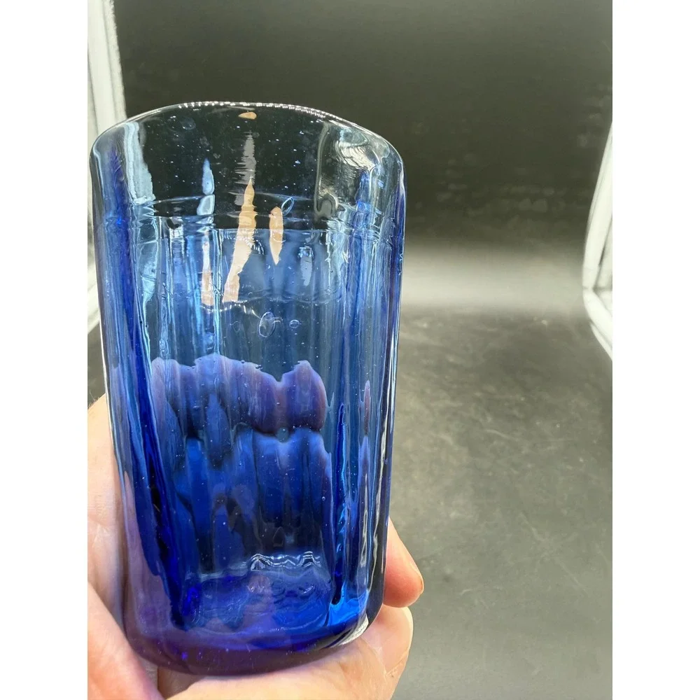 Vintage Cobalt Blue Hand Blown Ribbed Glass Tumbler 4.5 Inch Cup